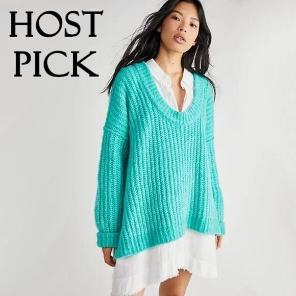 NWT Free People teal chunky knit V-neck sweater, XS - Picture 1 of 11